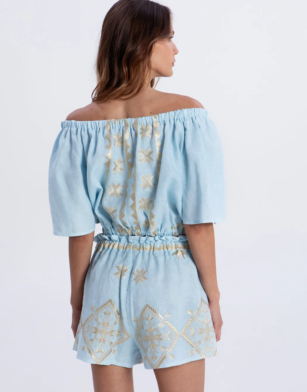 Lefkada Off the Shoulder Top - Ciel and Gold