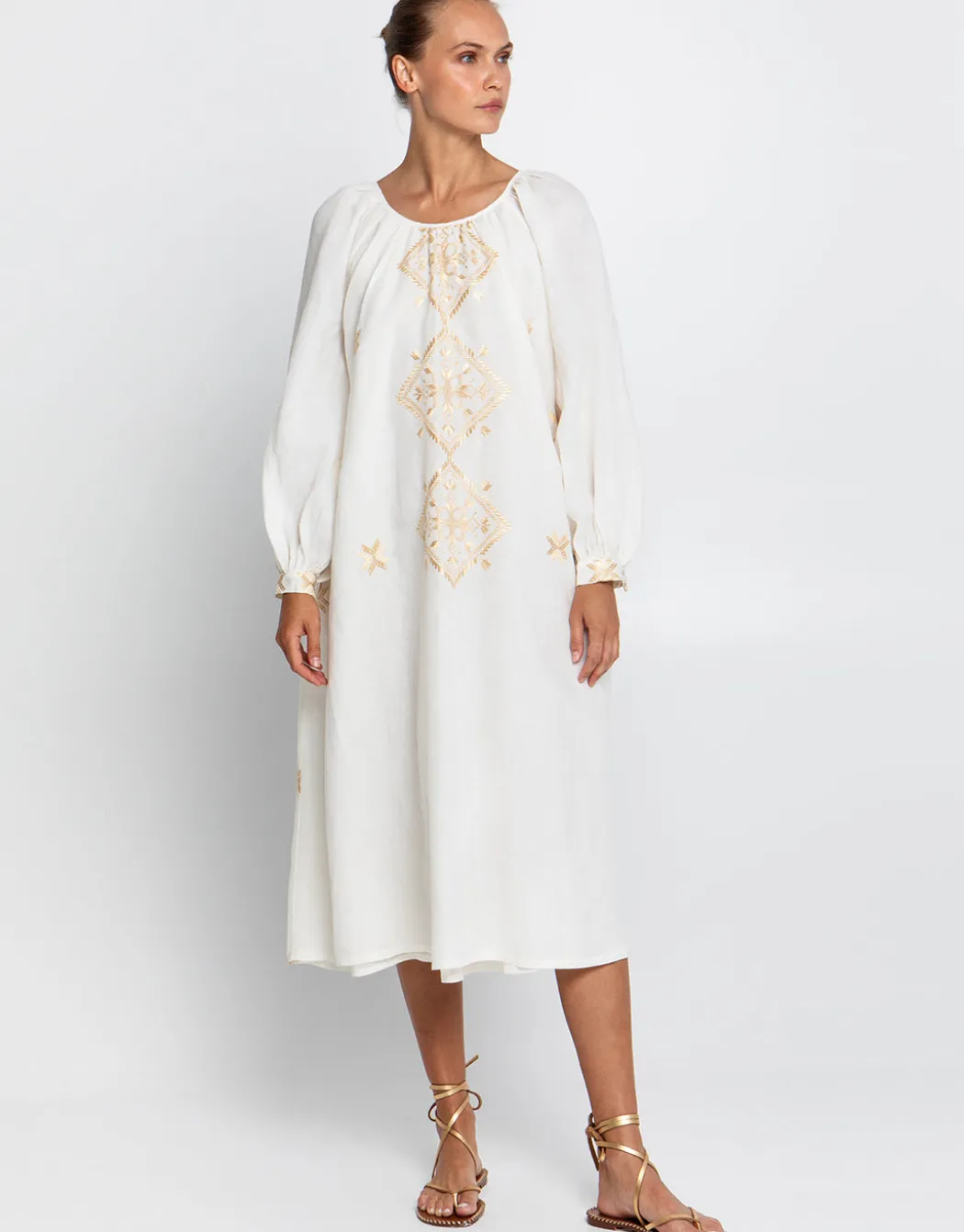 Lefkada Round Neck Midi Kaftan Dress - Natural and Gold