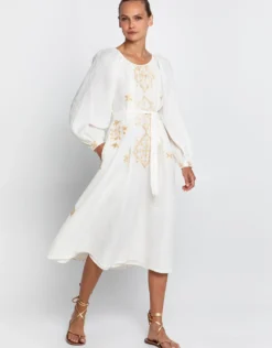 Lefkada Round Neck Midi Kaftan Dress - Natural and Gold