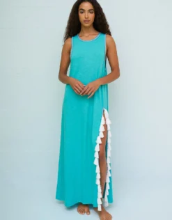 Monochromatic Tassel Slit Dress - Teal