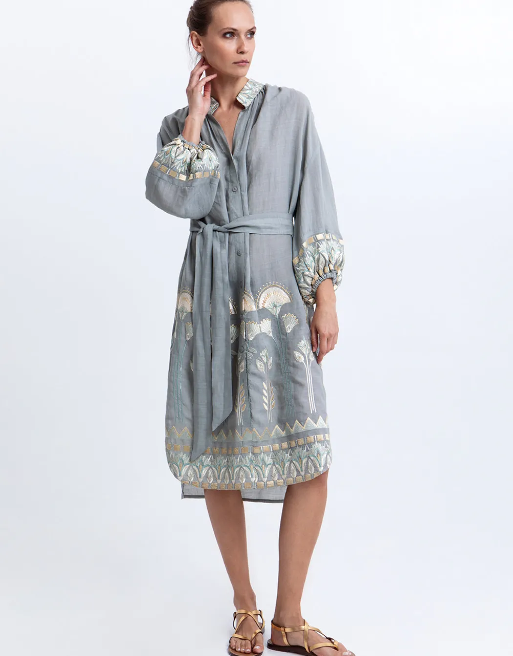 Papyrus Midi Shirt Dress - Stone and Multi Mint