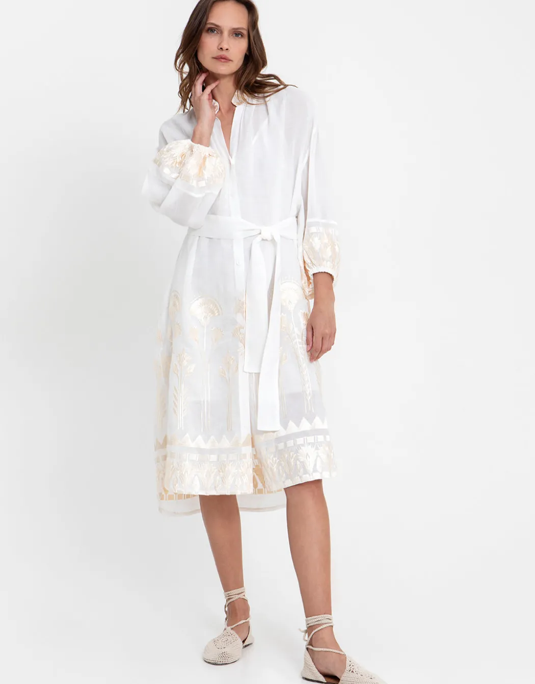 Papyrus Midi Shirt Dress - White and Champagne