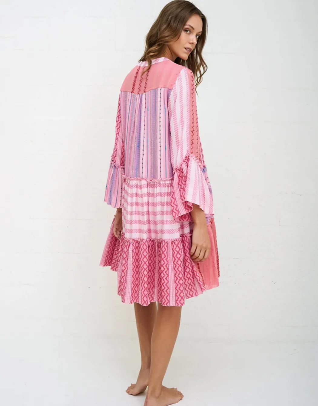Patchwork Mini Boho Dress - Pink