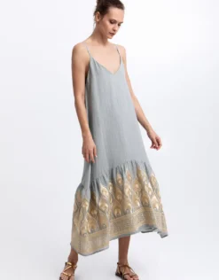 Phoenix Strappy Midi Dress - Light Grey and Gold