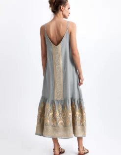 Phoenix Strappy Midi Dress - Light Grey and Gold
