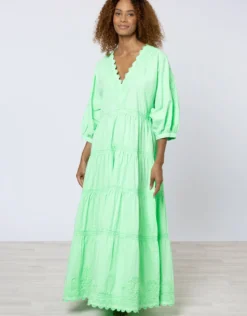 Poplin V-Neck Loose Maxi Dress with Ric-Rac - Apple