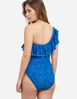 Profile Mehndi Ruffle One Shoulder Swimsuit - Blue