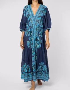 Rose Border Print V-Neck Maxi Dress - Indigo
