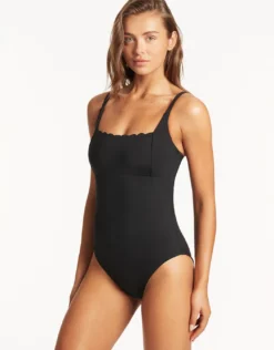 Scallop Square Neck Swimsuit - Black