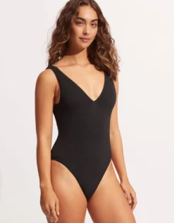 Sea Dive Deep V Neck Swimsuit - Black