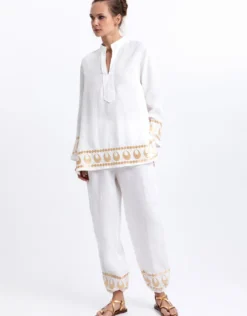 Selene Gathered Hem Trousers - White and Gold