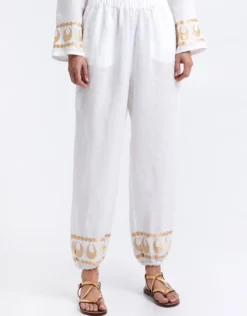 Selene Gathered Hem Trousers - White and Gold