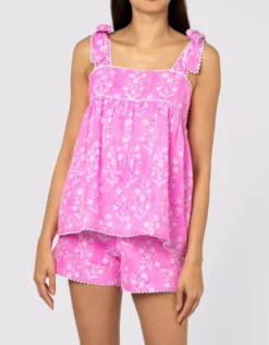Small Flower Block Print Tie Shoulder Top - Orchid