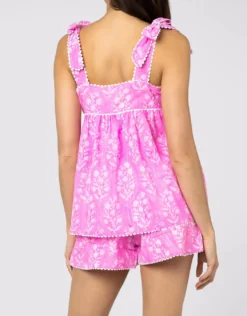 Small Flower Block Print Tie Shoulder Top - Orchid