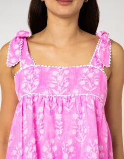 Small Flower Block Print Tie Shoulder Top - Orchid