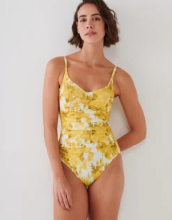 Soft Focus Florals Ruched Underwired Swimsuit - Vivid Yellow