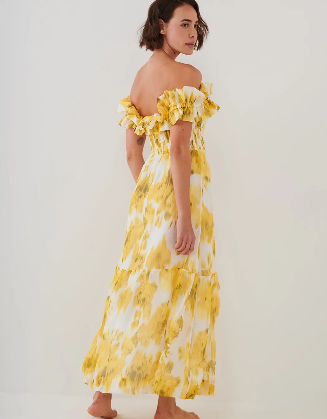 Soft Focus Florals Ruffle Bandeau Midi Dress - Vivid Yellow