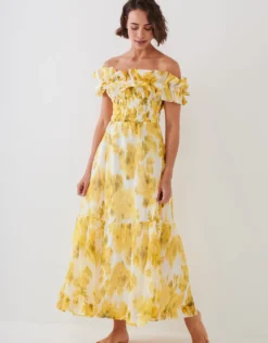 Soft Focus Florals Ruffle Bandeau Midi Dress - Vivid Yellow