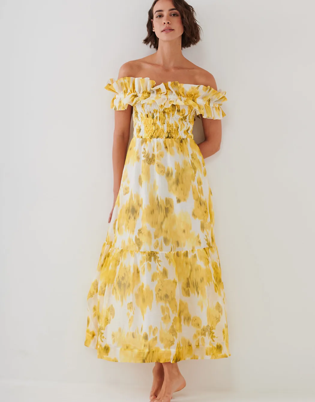 Soft Focus Florals Ruffle Bandeau Midi Dress - Vivid Yellow