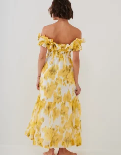Soft Focus Florals Ruffle Bandeau Midi Dress - Vivid Yellow