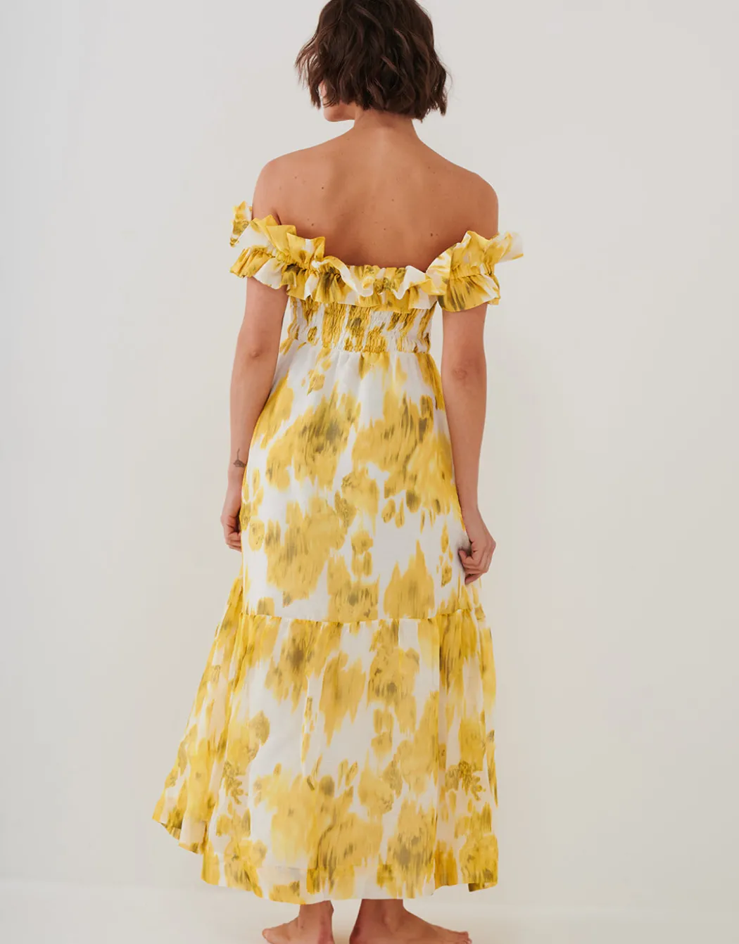 Soft Focus Florals Ruffle Bandeau Midi Dress - Vivid Yellow