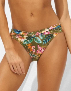 Sunset Florals Twist Front Bikini Pant - Warm Olive
