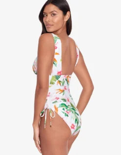 Watercolour Tropical Shirred Plunge Swimsuit - White Multi